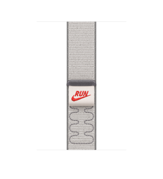 Nike Sport Loop strap, Veiled Grey light grey band, dark grey stitching, soft reflective double layer nylon weave material, Run written in red with Nike Swoosh on pull tab closure