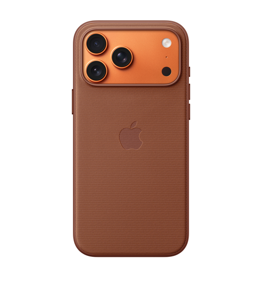 iPhone 17 Pro Max Tech Woven case in sienna colour, back exterior, embedded Apple logo in centre, attached to iPhone 17 Pro Max, cosmic orange colour, visible through camera cut out