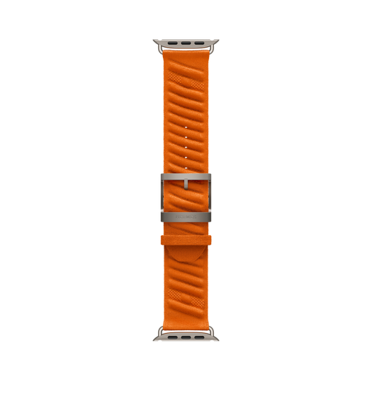En Mer Hermès Apple Watch Ultra strap, orange colour, woven ribbed polyamide yarn material, centred adjustment holes, natural titanium buckle and connecting hardware